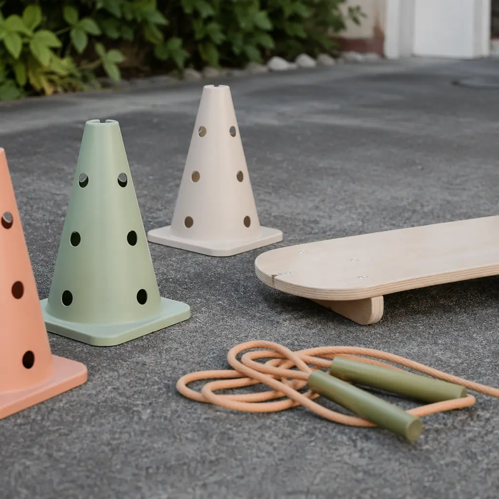 Simple outdoor play equipment arranged on a driveway.