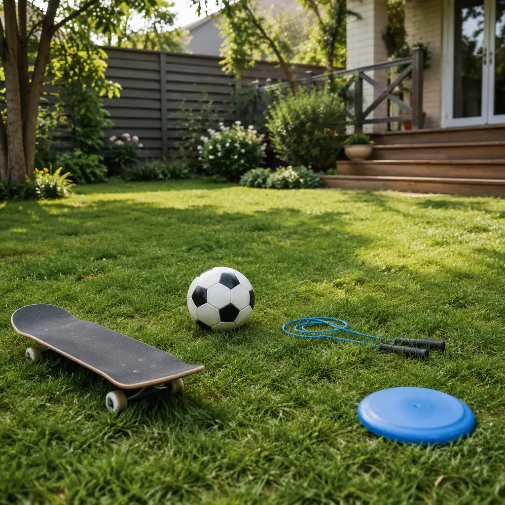 A backyard with classic outdoor sports and play gear arranged on the grass.