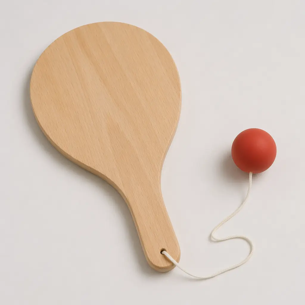 A classic wooden paddle ball toy with a rubber ball on an elastic string