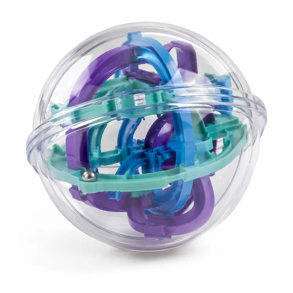 A transparent spherical maze puzzle showing winding internal tracks and a metal ball