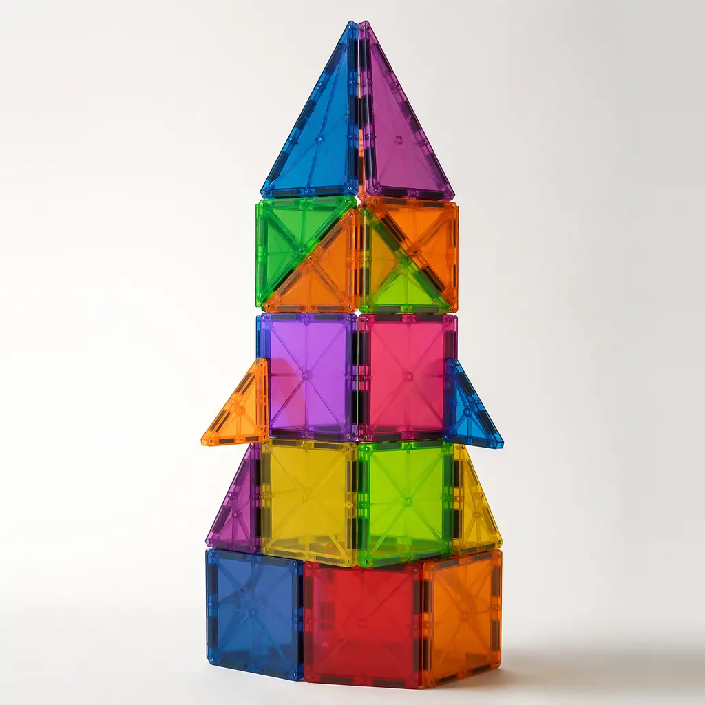 Colorful magnetic tiles stacked into a tall, geometric structure