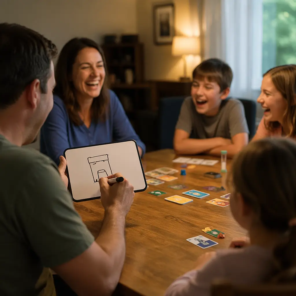 A group playing a drawing and guessing board game at home