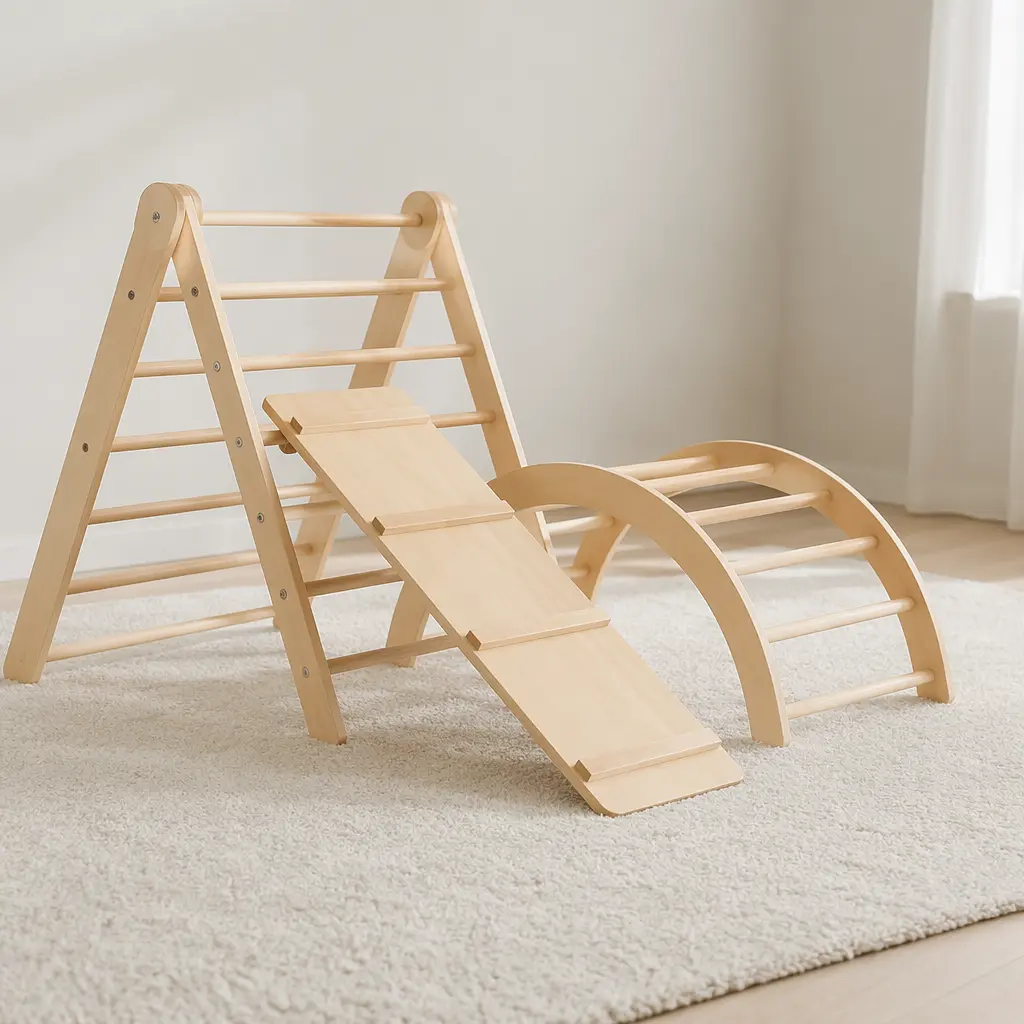 A simple wooden Pikler-style climbing set arranged indoors