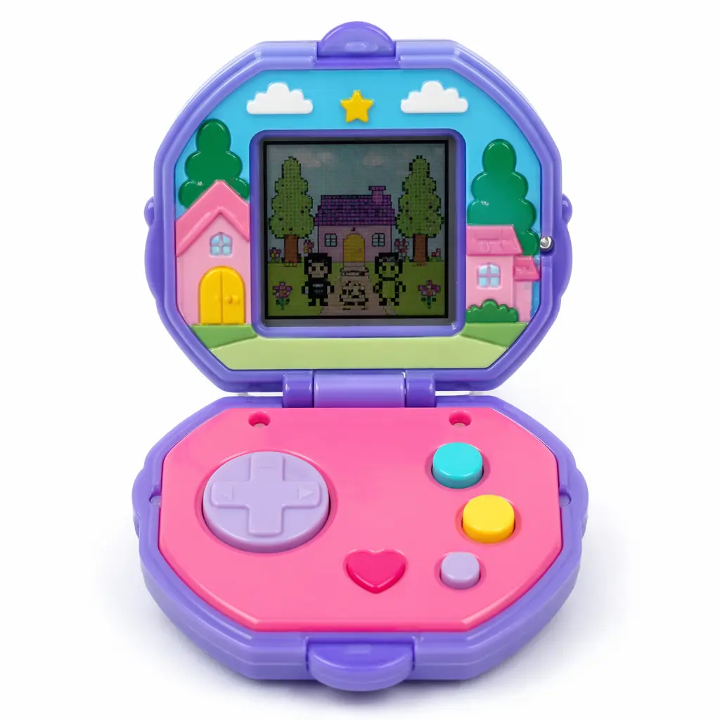 A compact electronic toy playset with a small pixelated screen and buttons