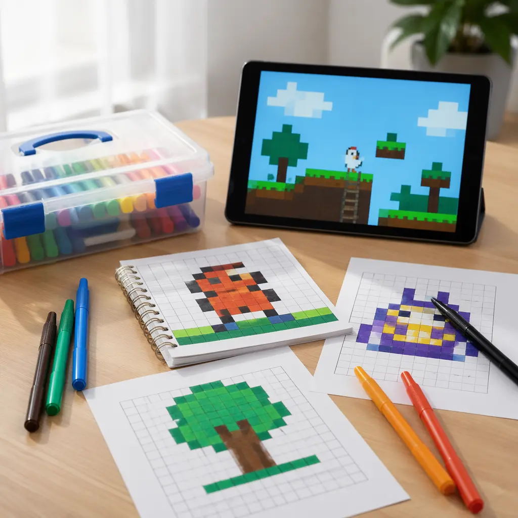 A drawing-based game design kit showing paper sketches alongside a tablet with a simple pixel game