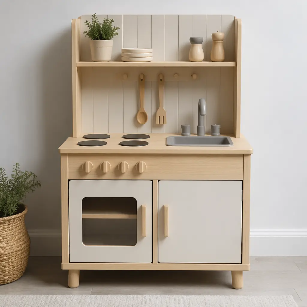 A simple wooden play kitchen set arranged in a bright studio setting.