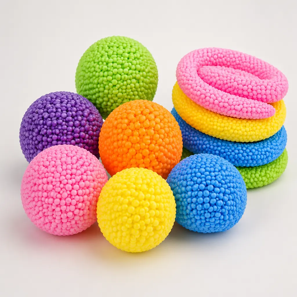 Colorful foam bead modeling compound arranged in simple shapes on a clean surface