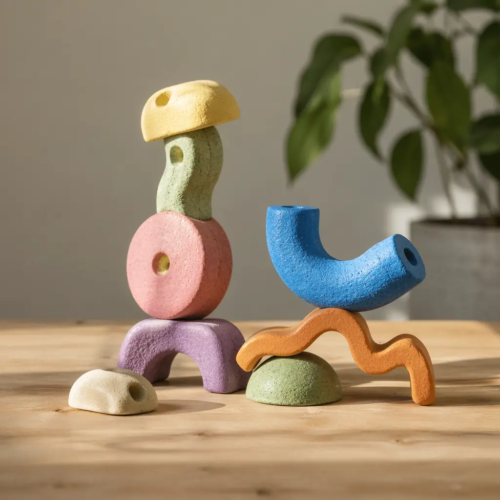 Colorful biodegradable craft pieces assembled into playful shapes on a table