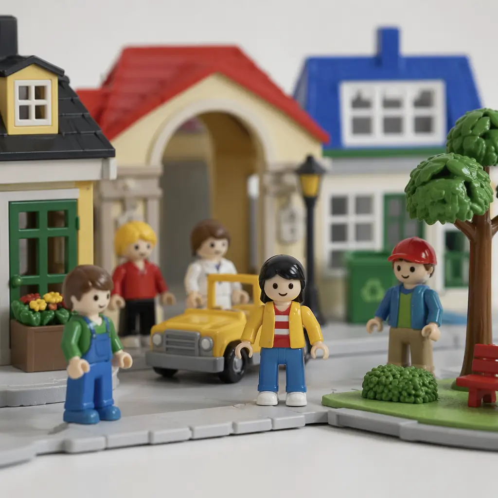 Simple smiling toy figures arranged in a small imaginative town scene