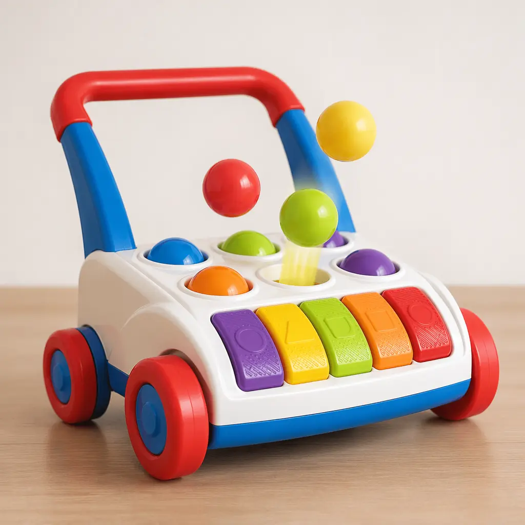 A colourful busy ball popper style toy with bright balls and chunky buttons