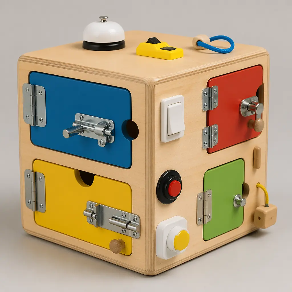 A classic-style activity box toy with latches, doors, and switches.
