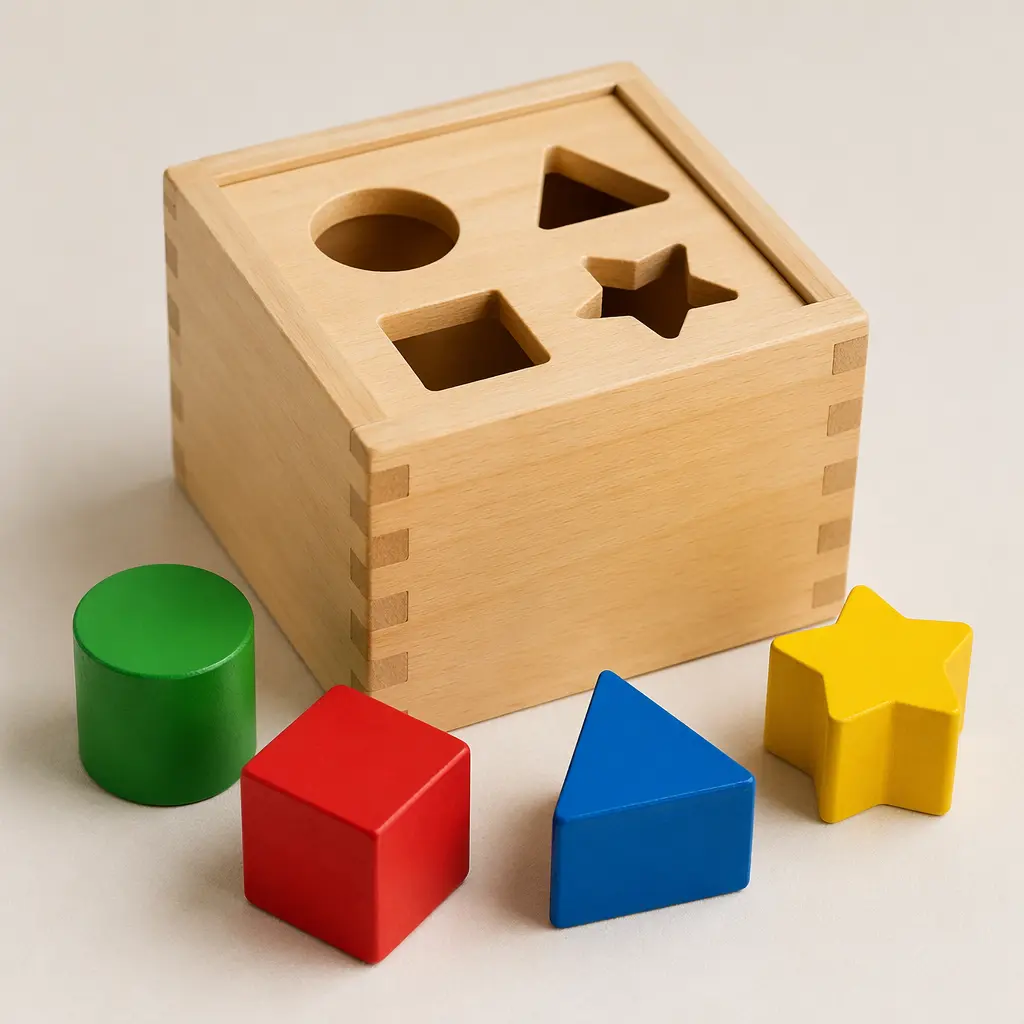 A classic shape sorter with colorful geometric blocks on a neutral background