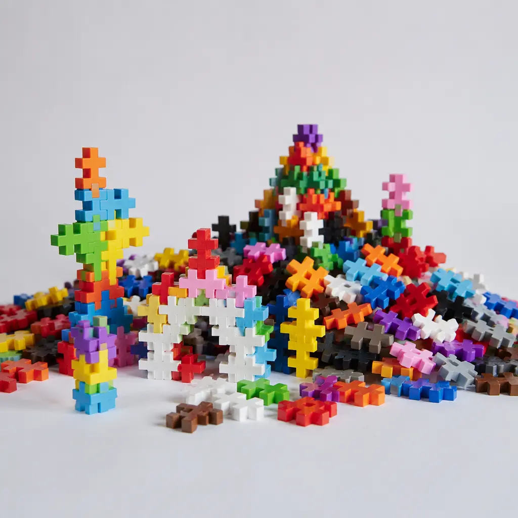 Colorful Plus-Plus style building pieces assembled into abstract shapes