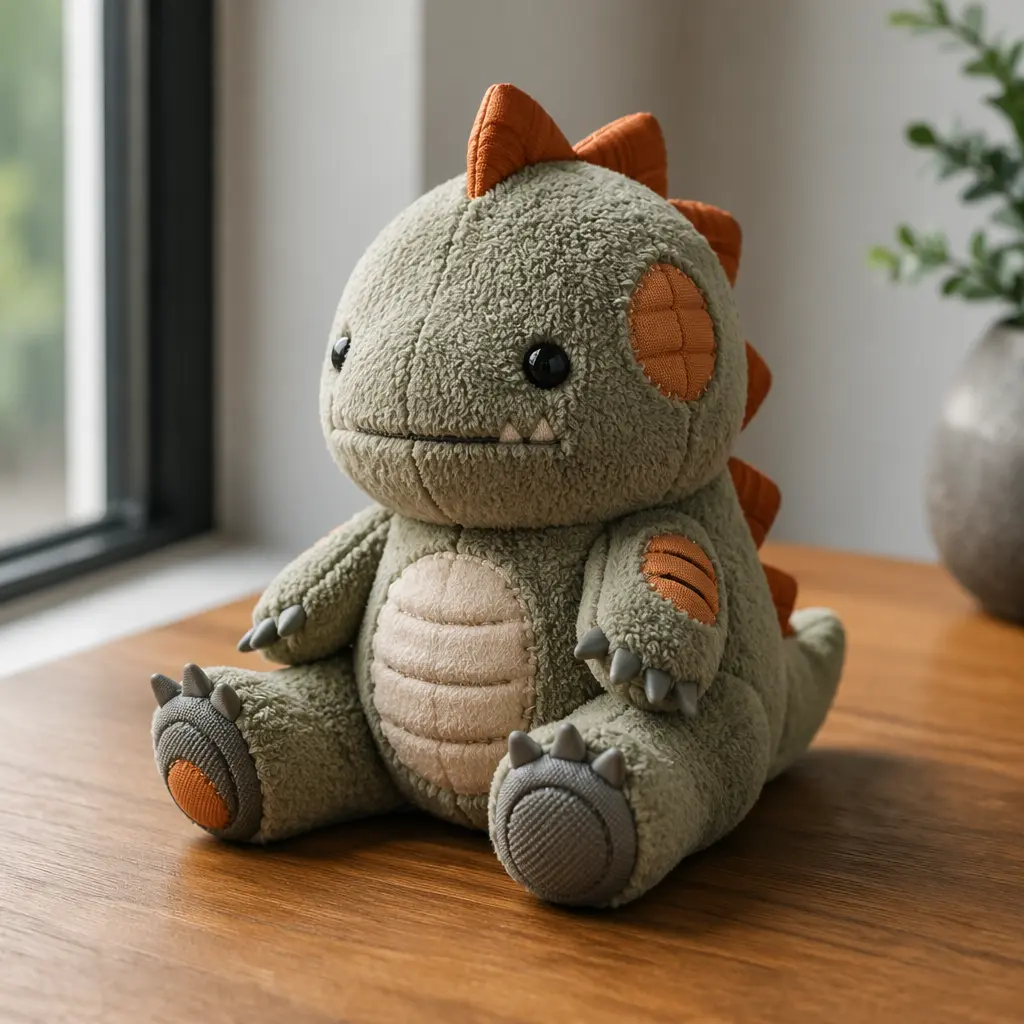 Textured plush toy with mixed materials in soft natural light