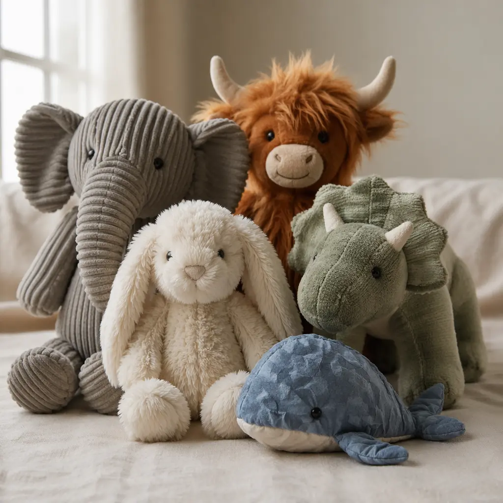Assorted plush toys with different textures arranged in soft natural light