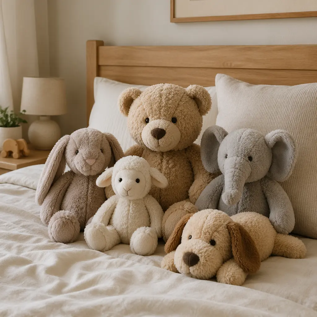 Neutral-toned plush animals arranged on a child’s bed