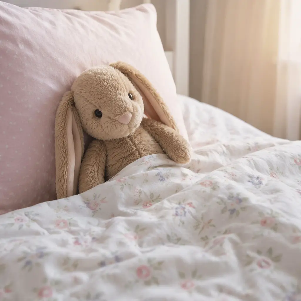 Plush bunny resting beside a pillow on a child’s bed