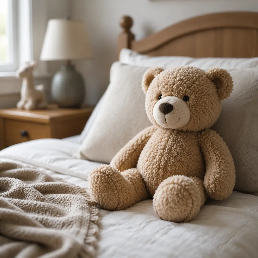 Soft plush teddy bear on a child’s bed in a calm bedroom setting