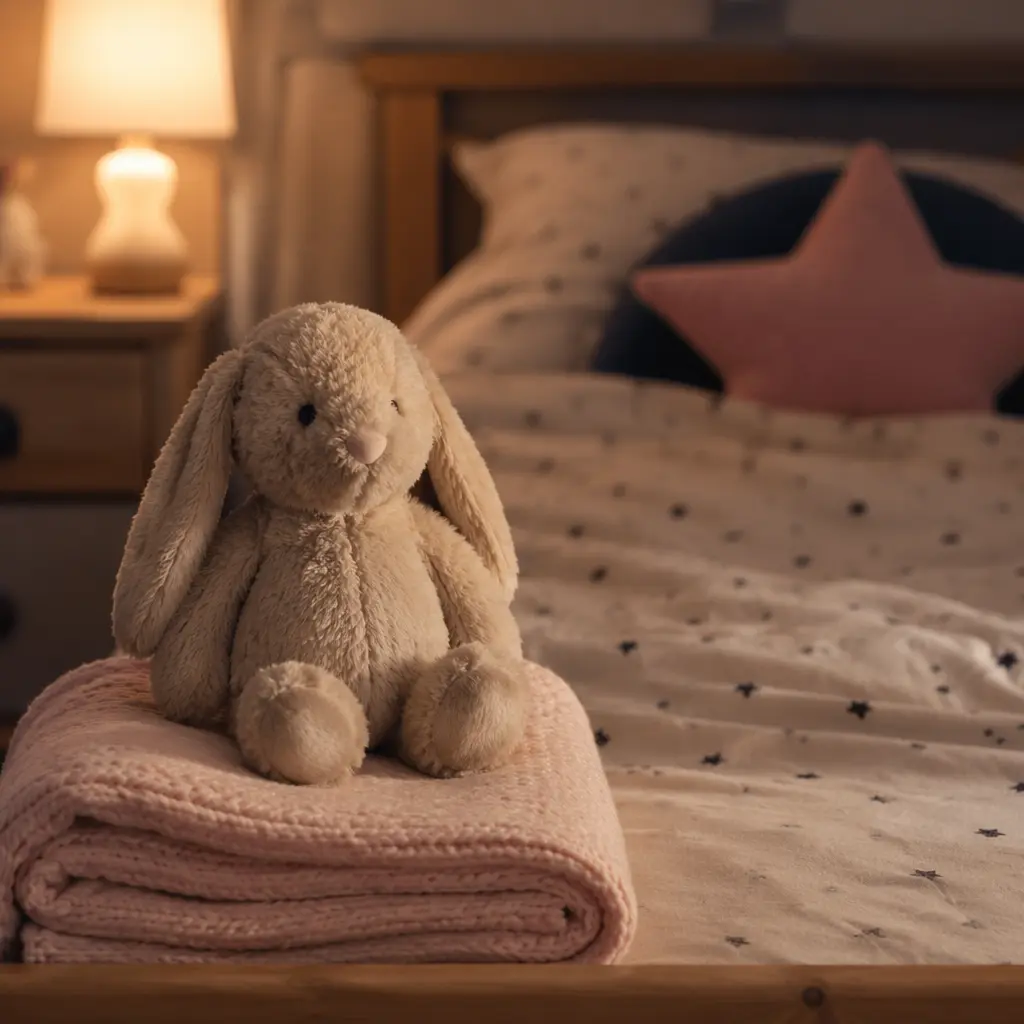 A soft plush toy resting on a bed in warm evening light.