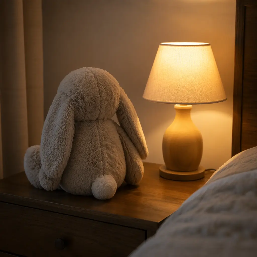 A textured plush toy beside a softly lit bedside lamp.