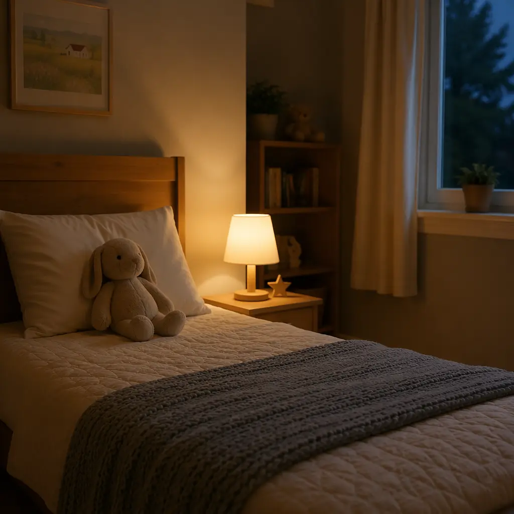 A calm child's bedroom scene with a plush toy on the bed under soft lighting.