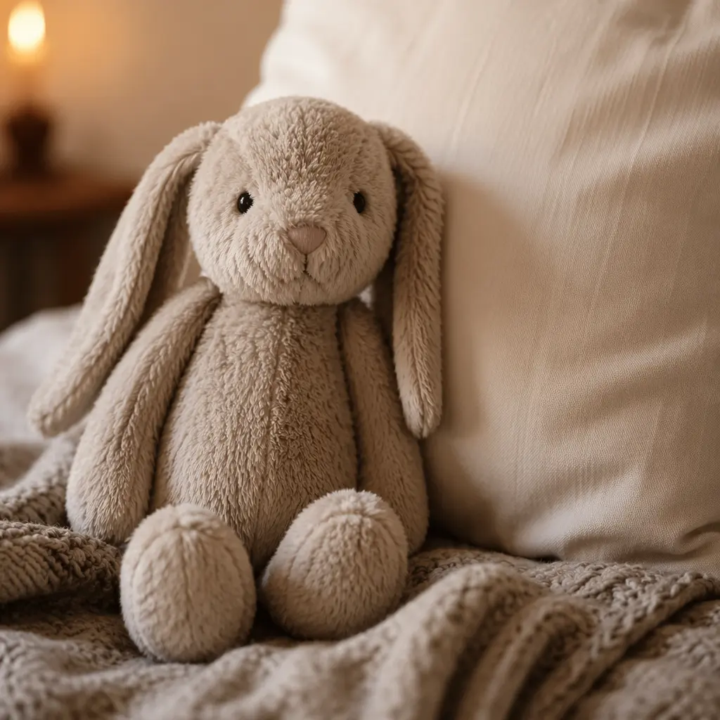 Close-up of a soft plush toy near a pillow in gentle lighting