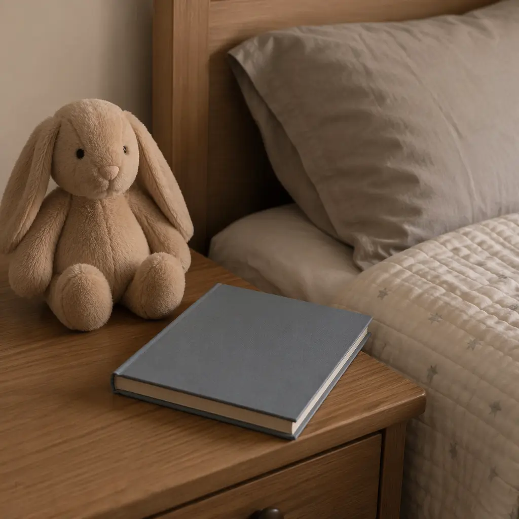 Plush toy on a nightstand beside a bedtime book