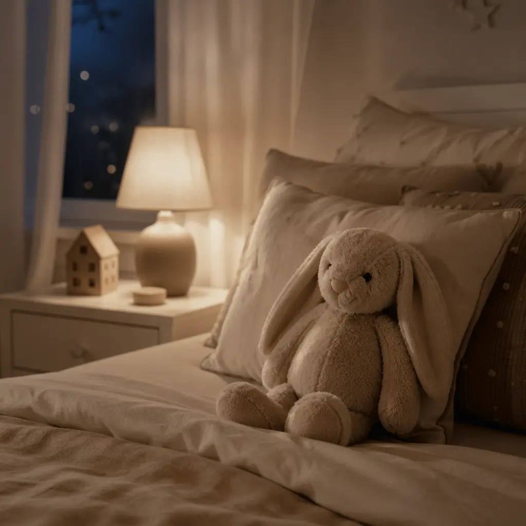 Soft plush toy on a child's bed in a calm, softly lit bedroom