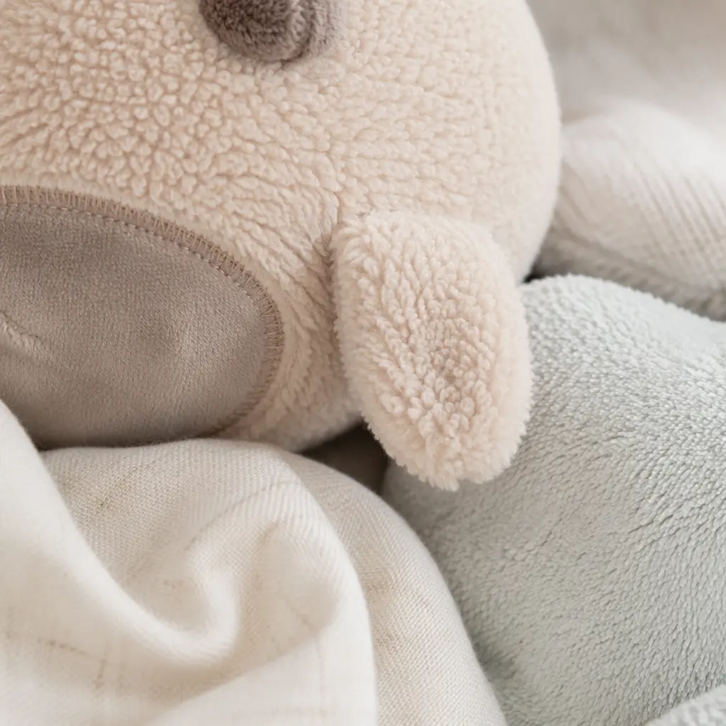 Close-up view of different plush toy fabric textures