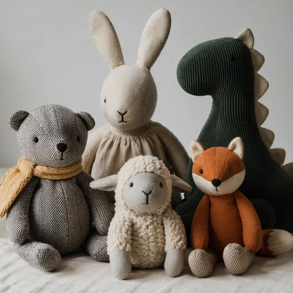 Assorted plush toys showing different fabrics and stitching details