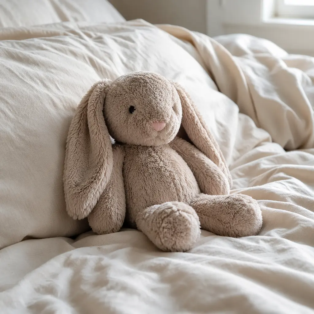 Plush toy on a bed, highlighting soft fabric and stitching details
