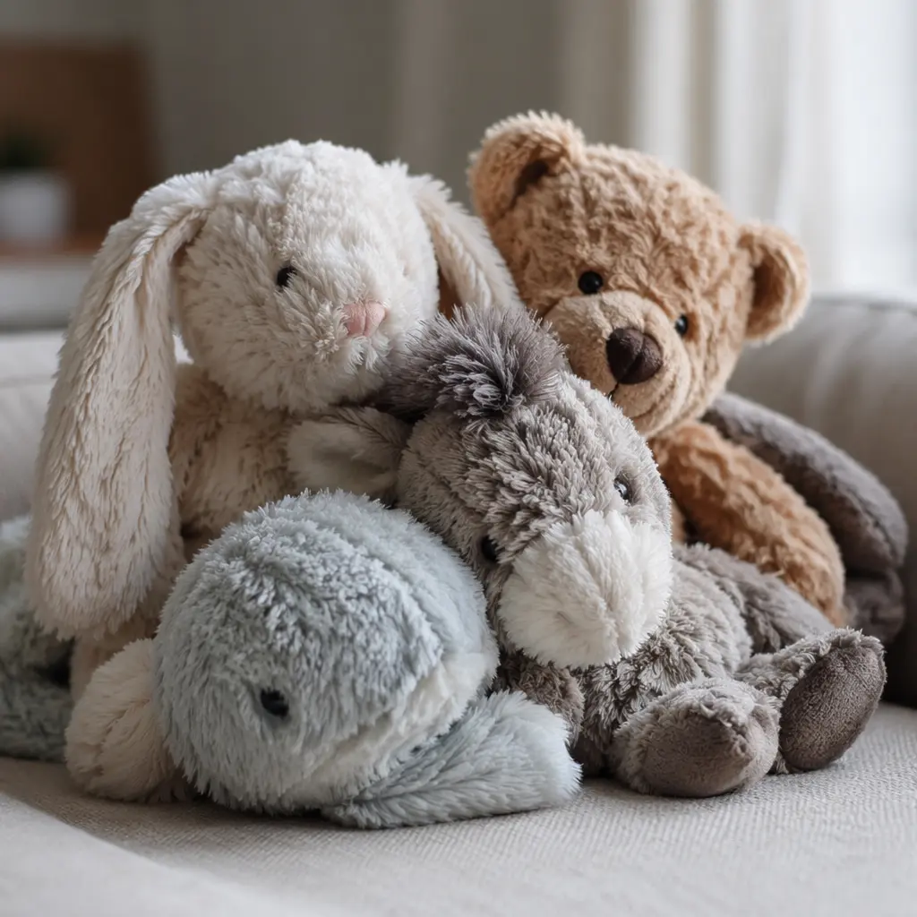 Soft plush toys arranged together, showing fluffy textures and gentle colors
