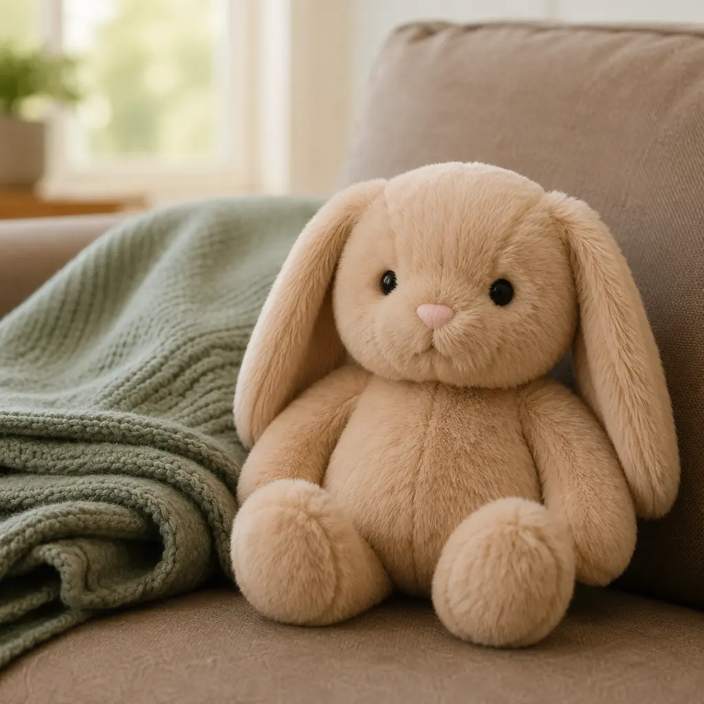 Soft plush toy on a cozy sofa in natural light
