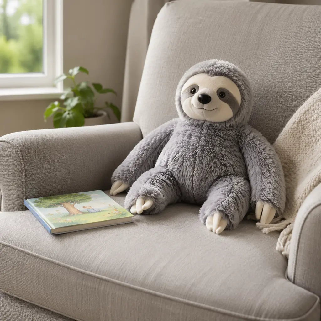 Weighted plush toy on a reading chair next to a book
