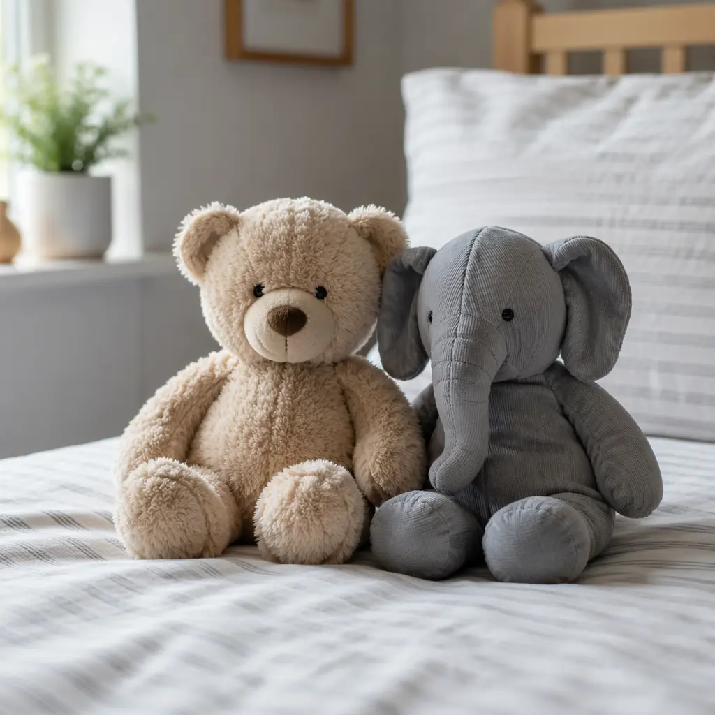 Classic plush toy and weighted plush resting on a child's bed