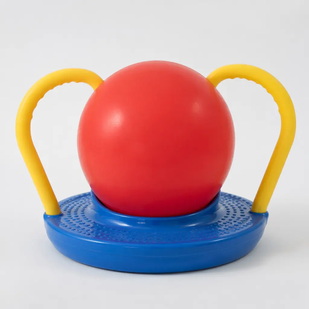 A classic pogo ball style toy with a rubber ball in a circular platform