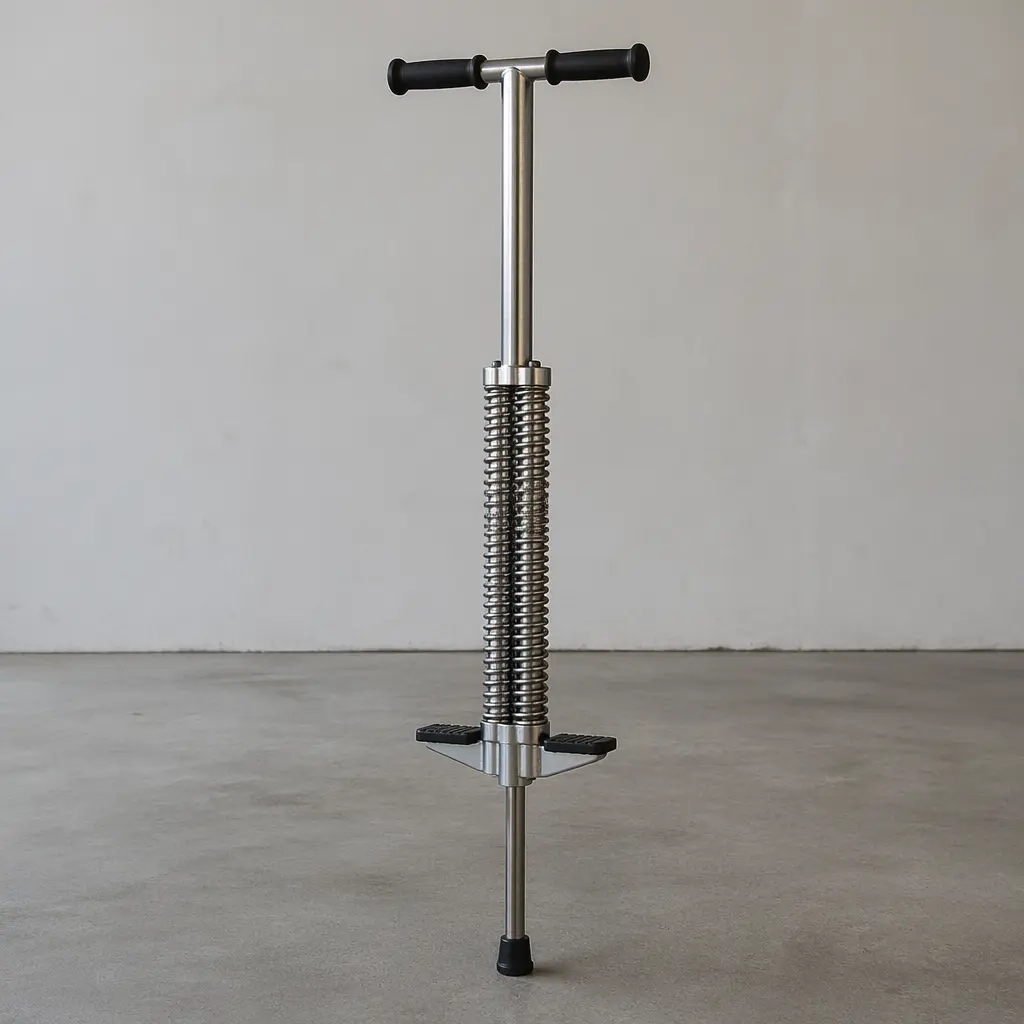 A classic pogo stick standing upright in a simple studio setting