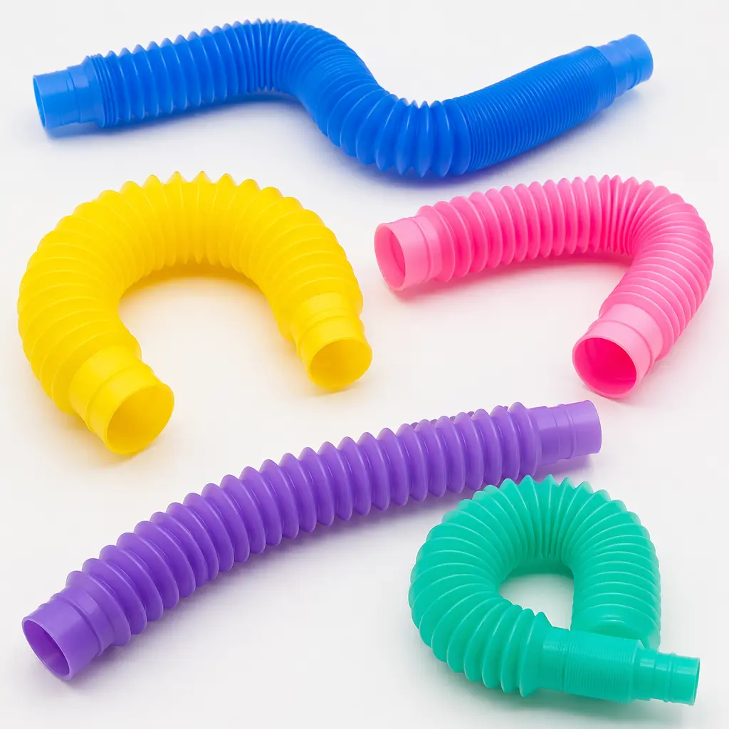 Colorful expandable plastic Pop Tubes arranged in curved shapes