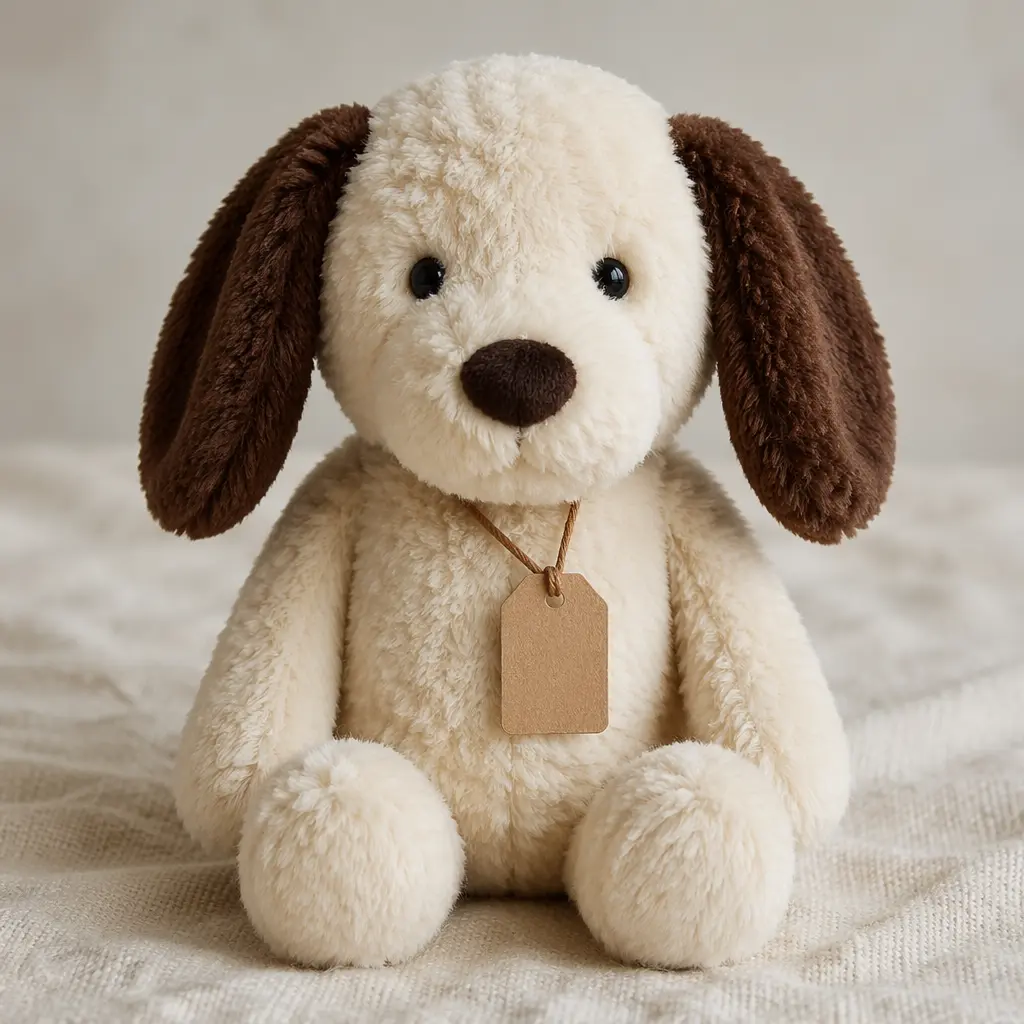 A soft plush dog toy with floppy ears and a tag around its neck, photographed in a studio setting