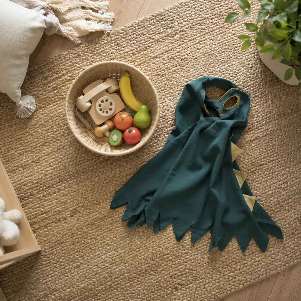 Basket of pretend play items on a rug for quick, independent play