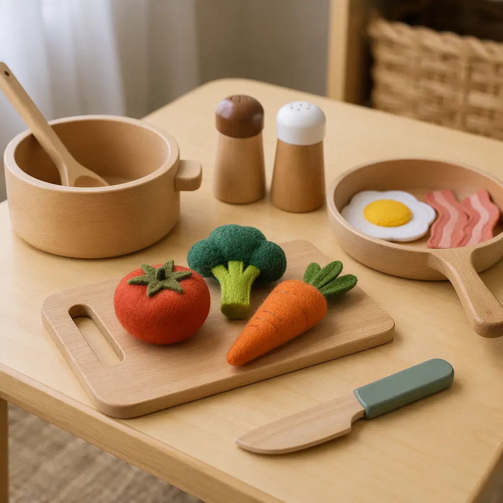 Wooden and felt pretend play items arranged on a low table