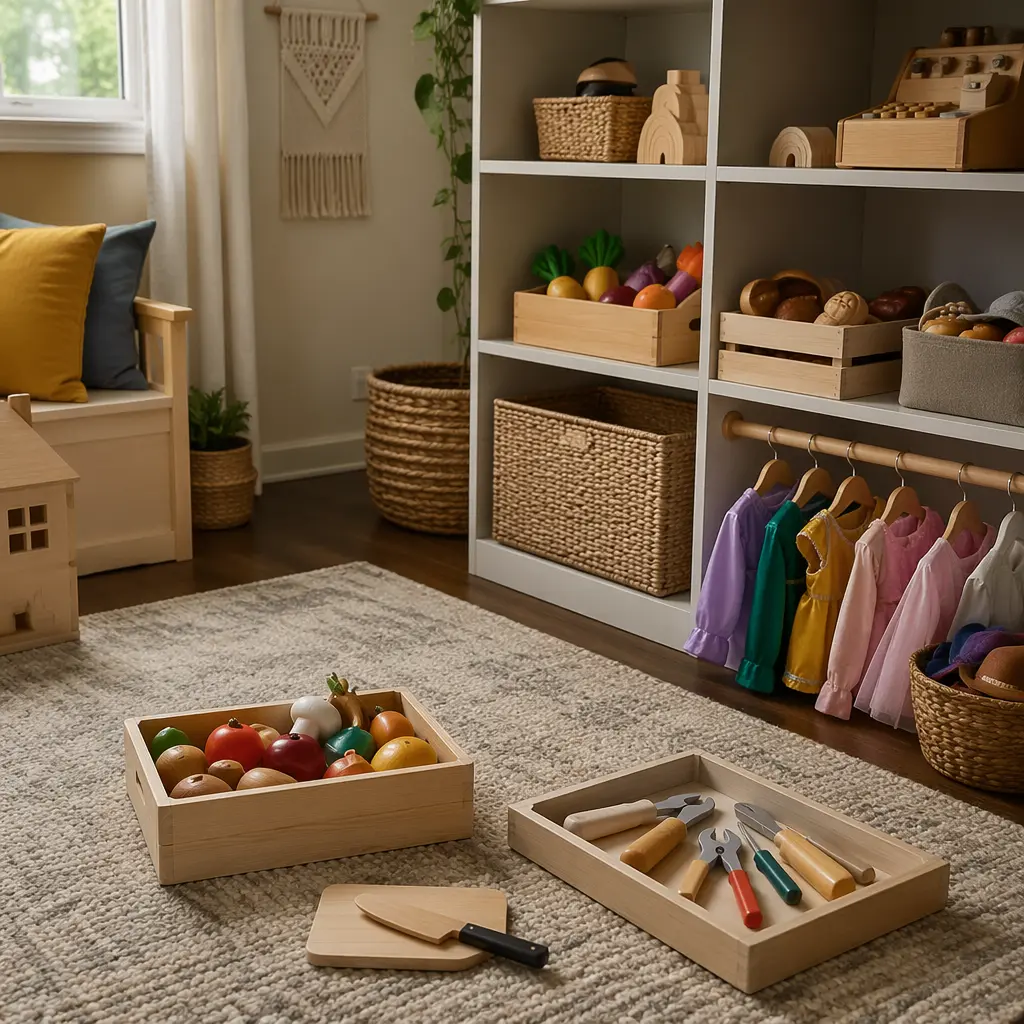 Simple pretend play sets arranged on a rug, ready for instant play