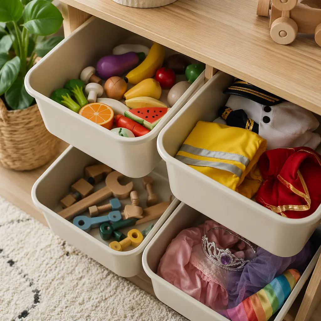 Pretend play accessories stored neatly for easy access