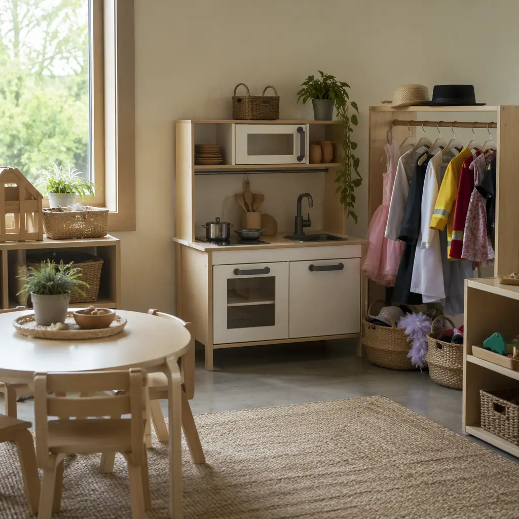 Organized pretend play area designed for preschoolers