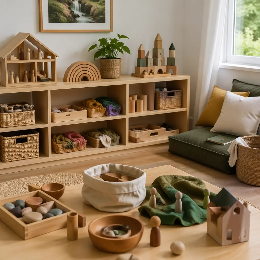 A calm playroom with pretend play sets arranged for independent use