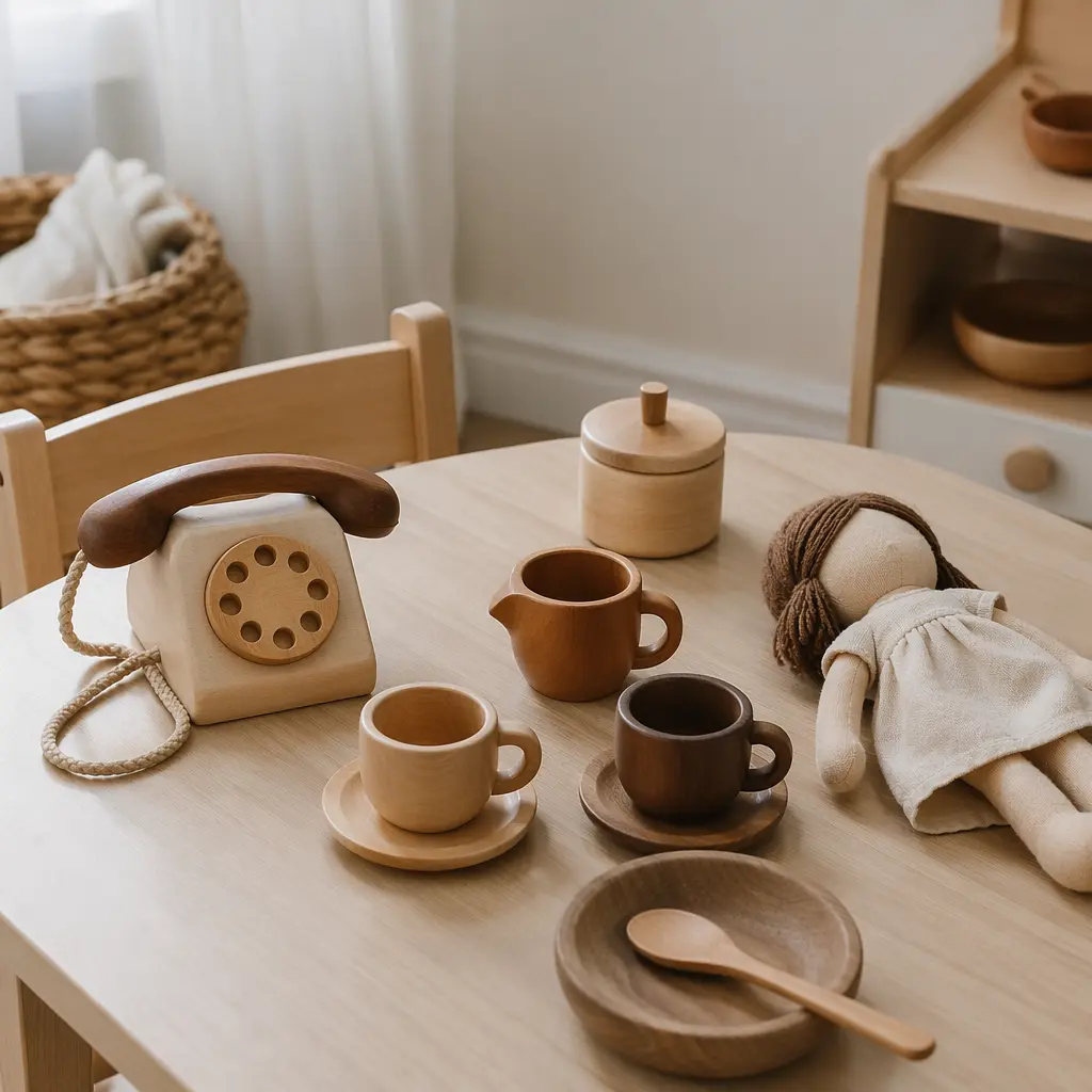 Non-electronic pretend play toys arranged on a small table