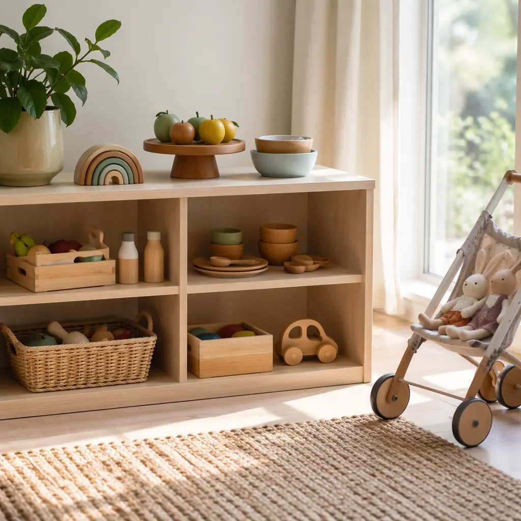 Toddler pretend play toys neatly displayed on a low shelf