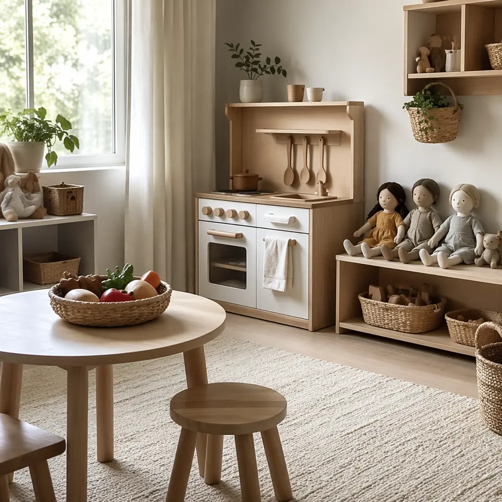 Simple pretend play toys arranged in a toddler-friendly playroom