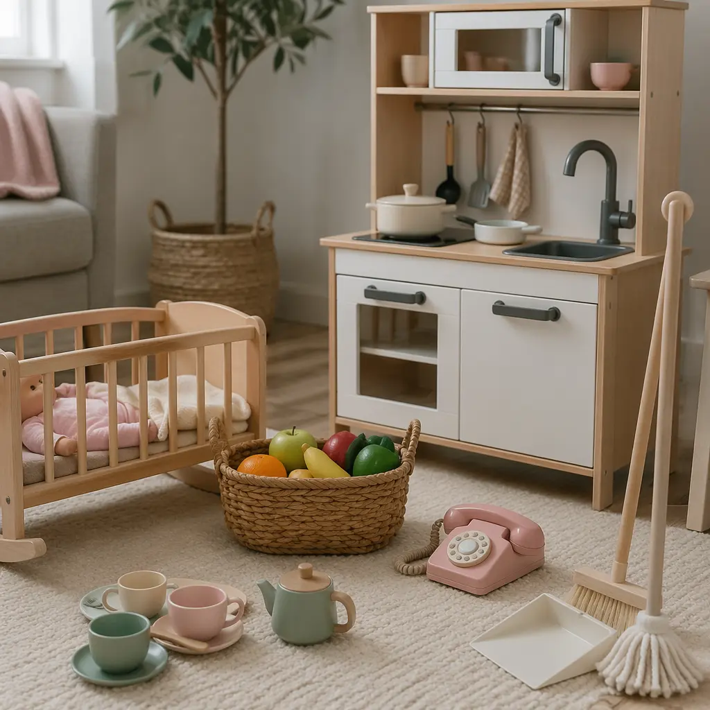 Pretend play toys set up to mimic daily home routines