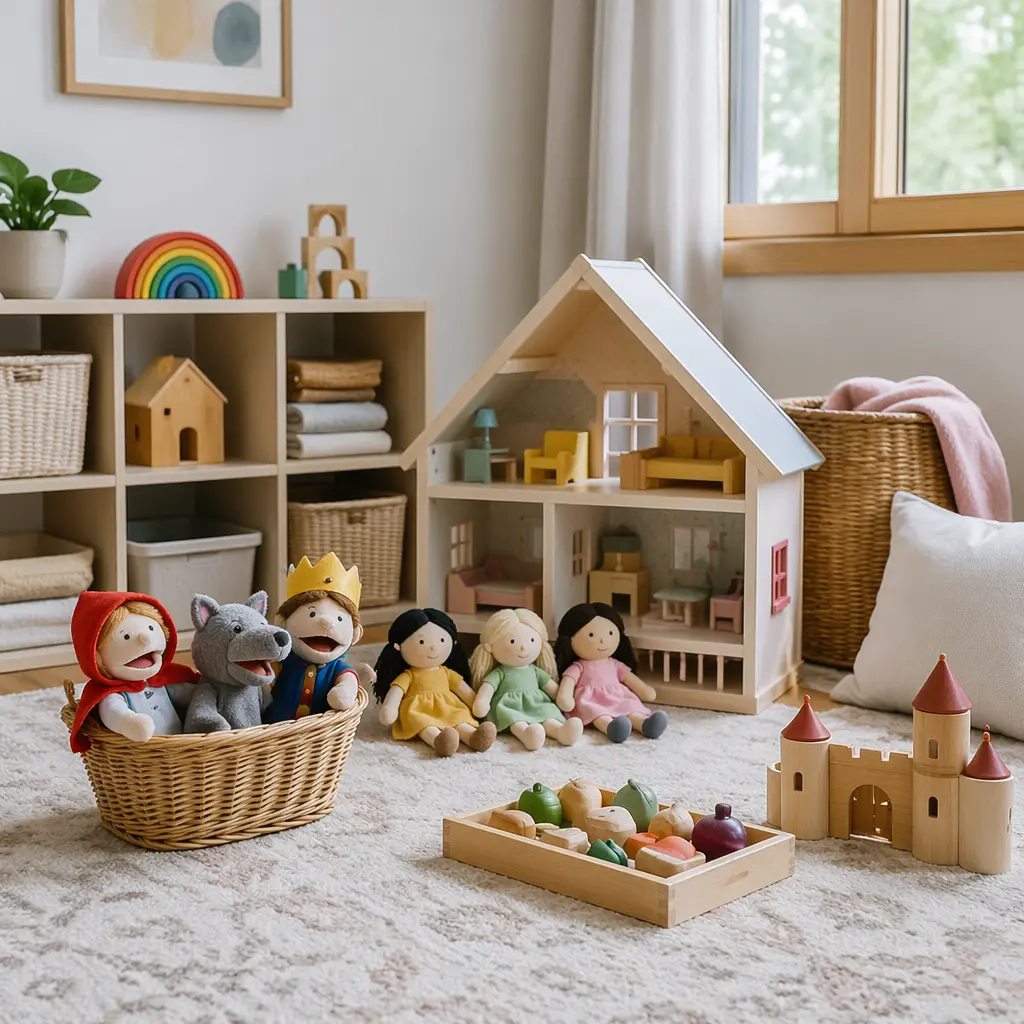 Pretend play toys arranged in a bright, cozy playroom